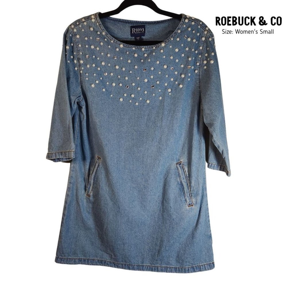 Roebuck & Co Denim Mini Dress Pearl Accents Sz S Boho Coastal Cowgirl Pockets